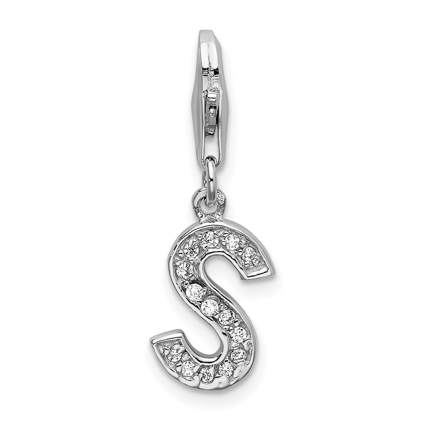 Amore La Vita Sterling Silver Rhodium-plated Polished CZ Letter S Initial Charm with Fancy Lobster Clasp Main image