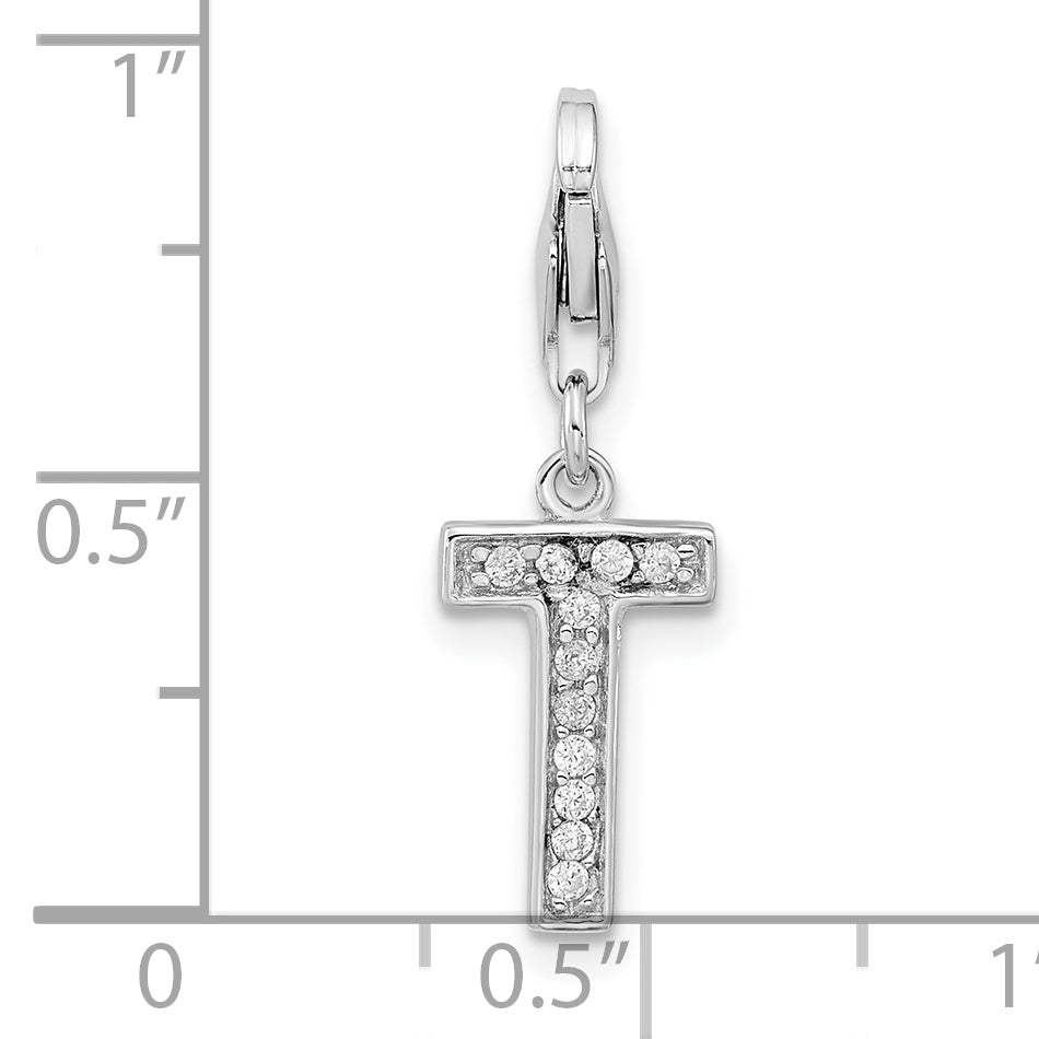 Sophia Jewelers Sterling Silver CZ Initial T Charm with Rhodium Plating