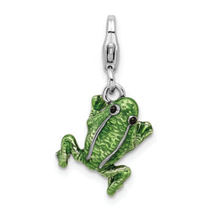 Amore La Vita Sterling Silver Rhodium-plated Polished 3-D Enameled Frog Charm with Fancy Lobster Clasp