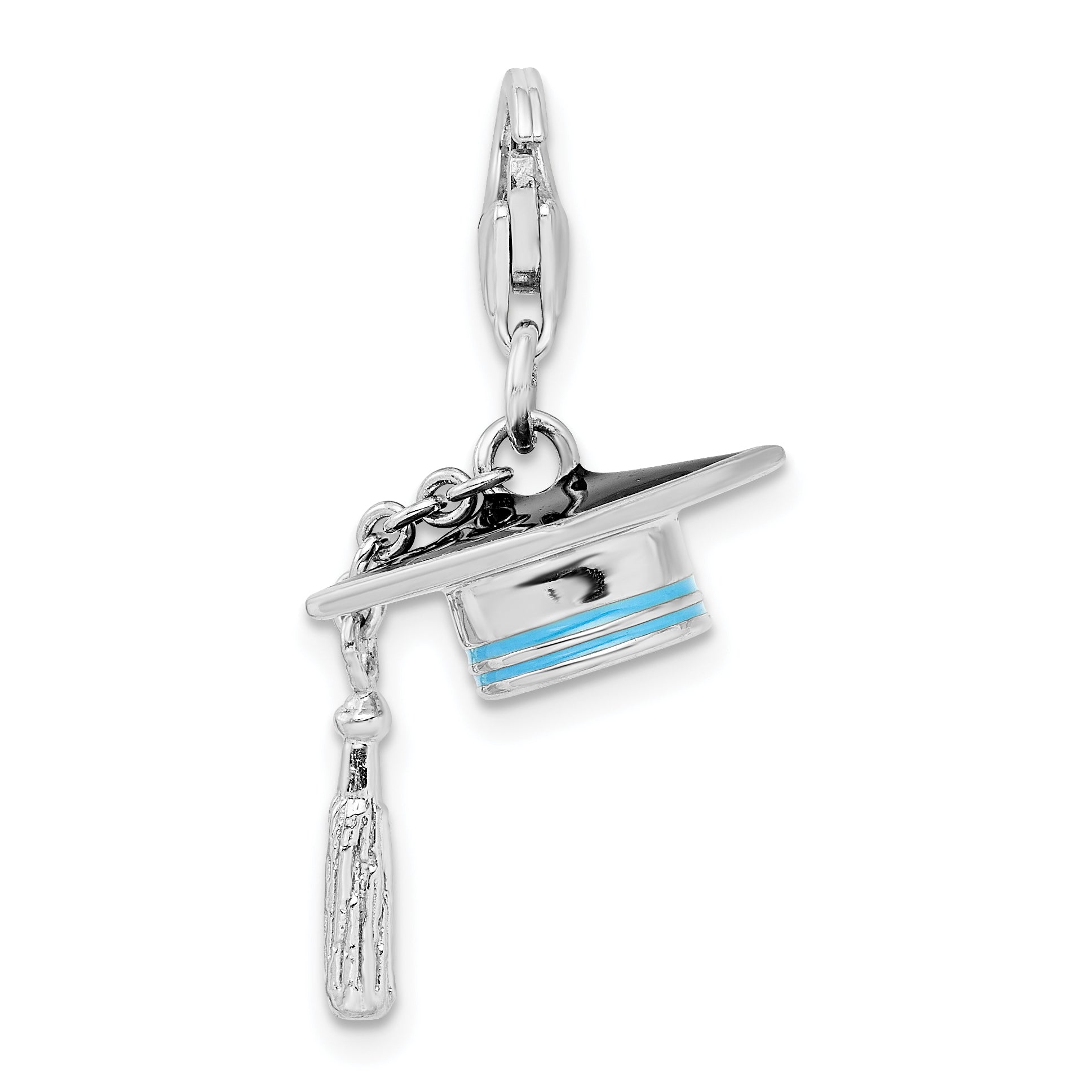 Sterling Silver 3D Blue Enameled Graduation Cap Charm with Lobster Clasp