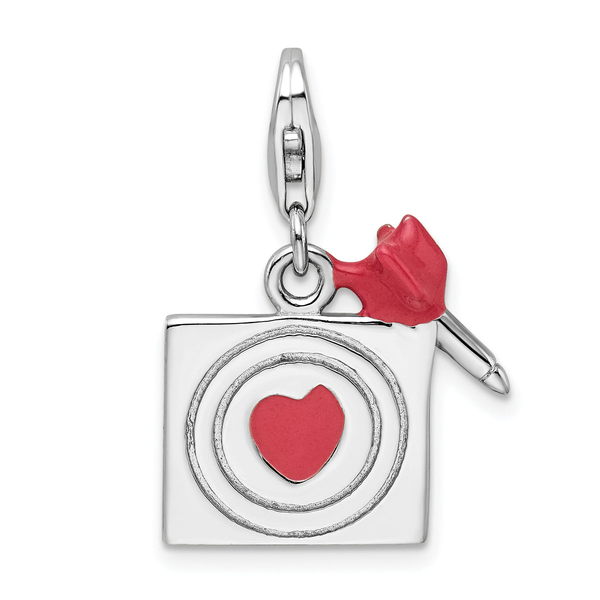 Amore La Vita Sterling Silver Rhodium-plated Polished Enameled Bullseye and Heart Arrow Charm with Fancy Lobster Clasp