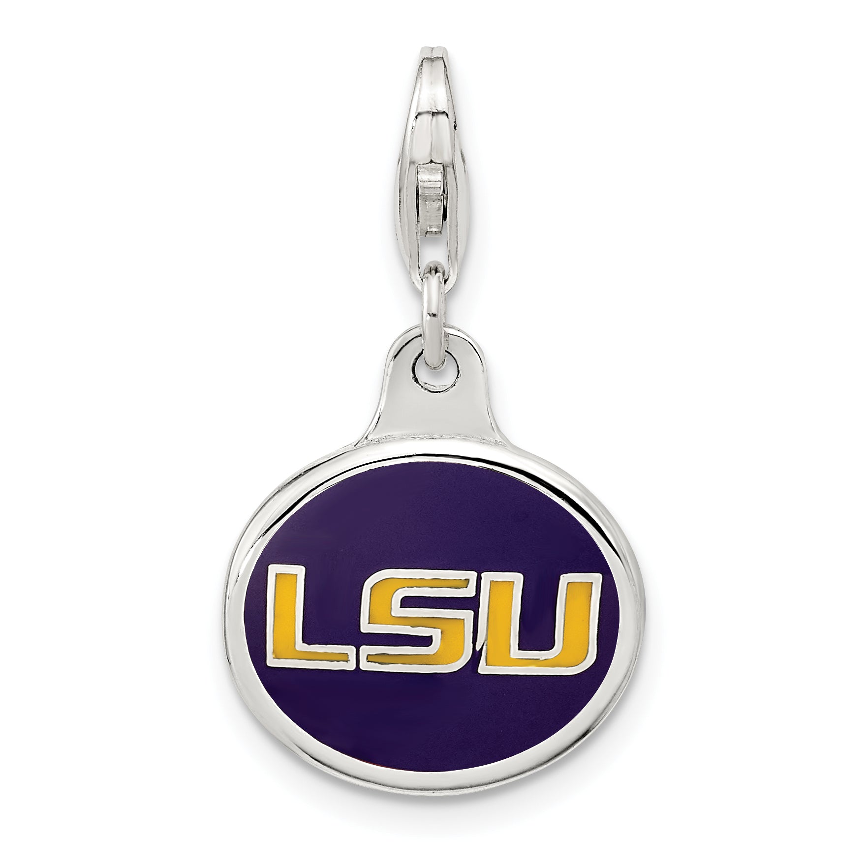 Amore La Vita Sterling Silver Rhodium-plated Polished Enameled Louisiana State University Charm with Fancy Lobster Clasp