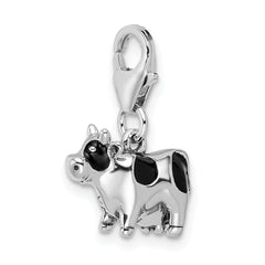 Sterling Silver 925 Enameled Cow Charm with Rhodium Plating