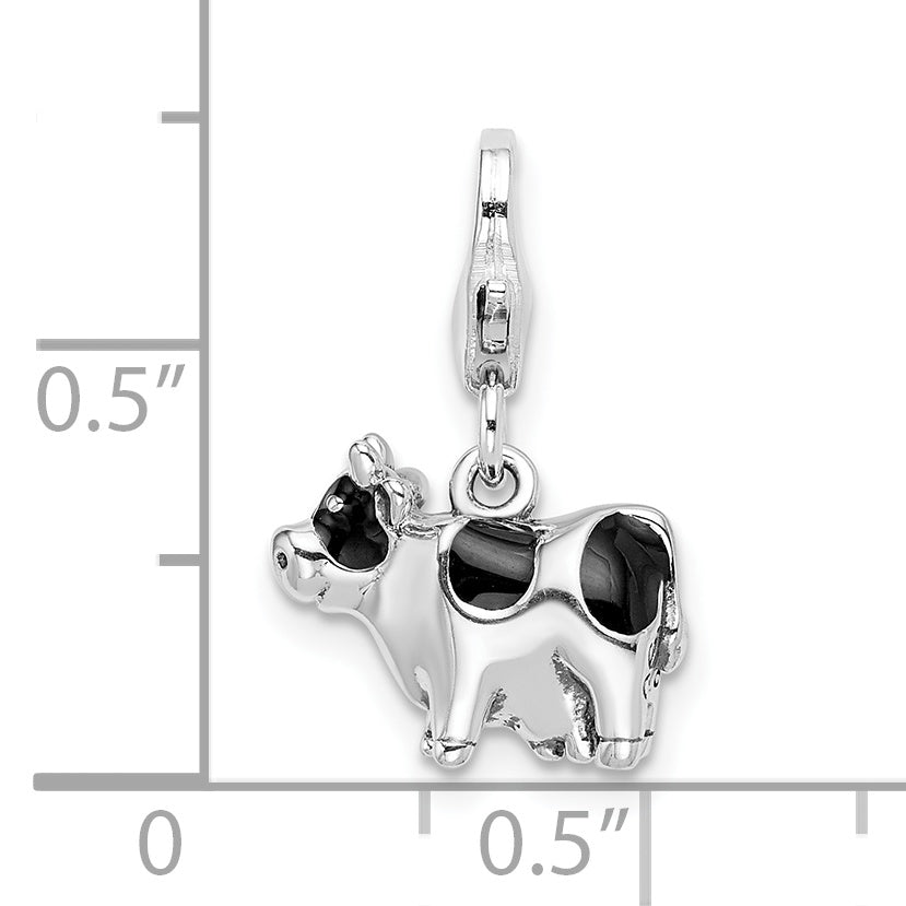 Sterling Silver 925 Enameled Cow Charm with Rhodium Plating