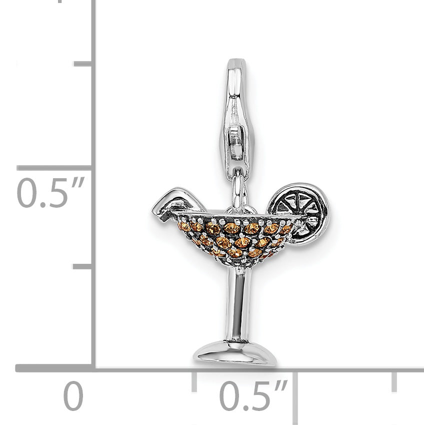 Sterling Silver 925 Crystal Martini Glass Charm Rhodium-Plated