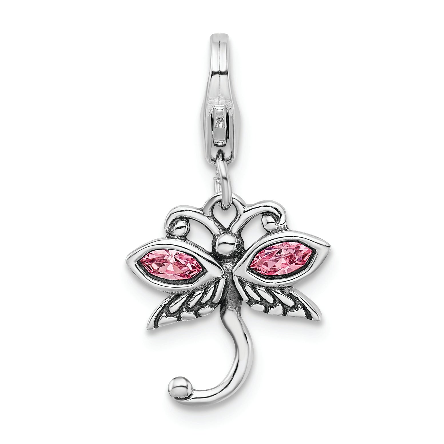 Amore La Vita Sterling Silver Rhodium-plated Polished Pink Crystal From Swarovski Dragonfly Charm with Fancy Lobster Clasp Main image