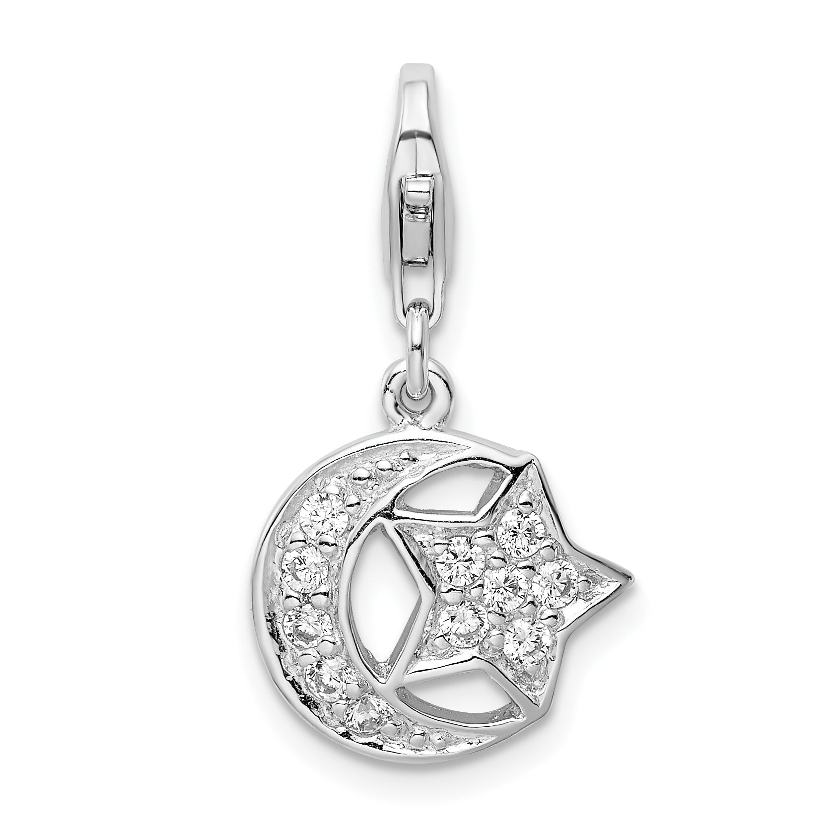 Amore La Vita Sterling Silver Rhodium-plated Polished CZ Moon and Star Charm with Fancy Lobster Clasp Main image