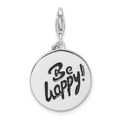 Amore La Vita Sterling Silver Rhodium-plated Polished BE HAPPY! Charm with Fancy Lobster Clasp