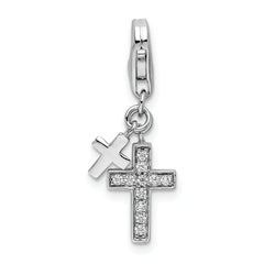 Sterling Silver CZ Cross Charm with Rhodium Polished Finish