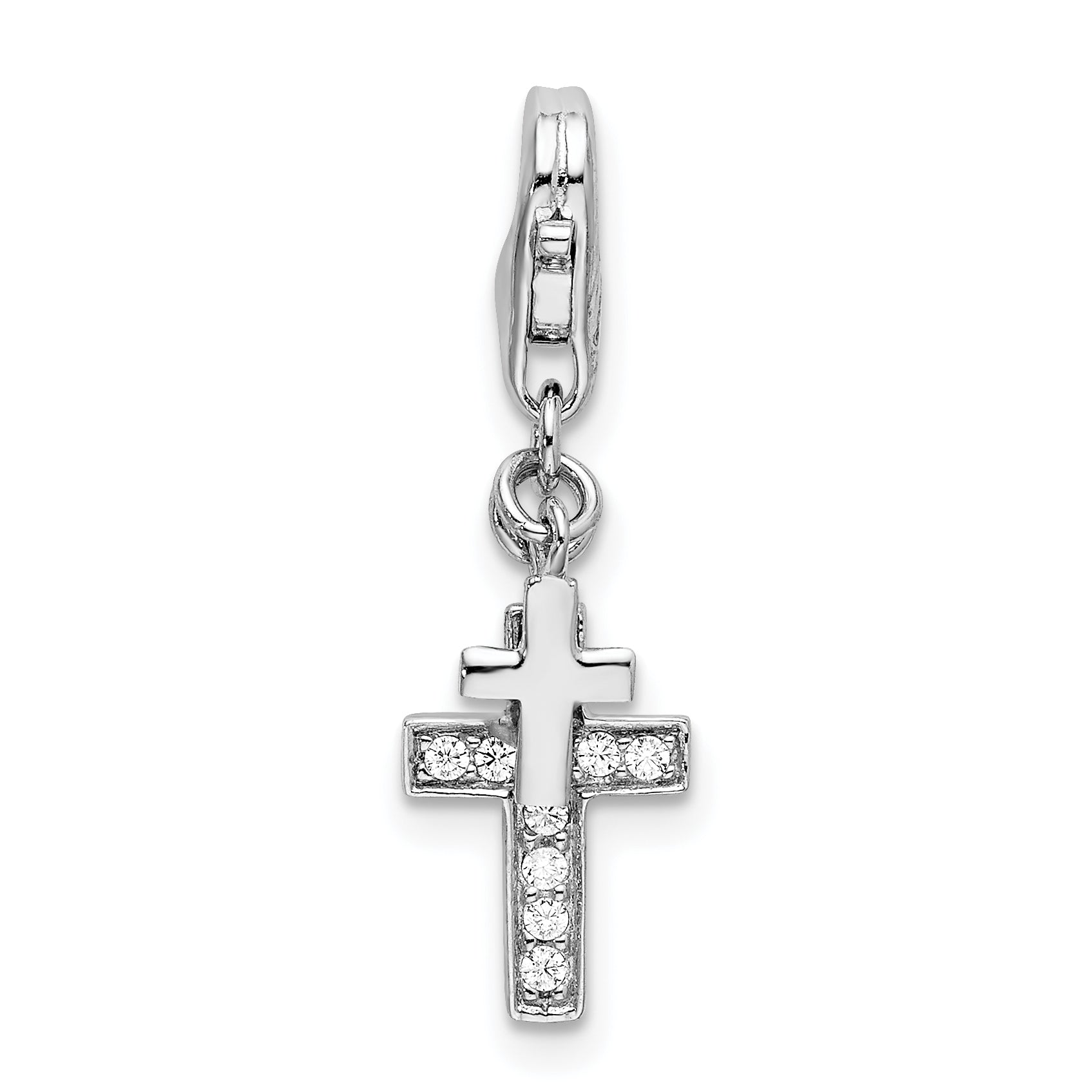 Amore La Vita Sterling Silver Rhodium-plated Polished CZ Two Cross Charm with Fancy Lobster Clasp Main image