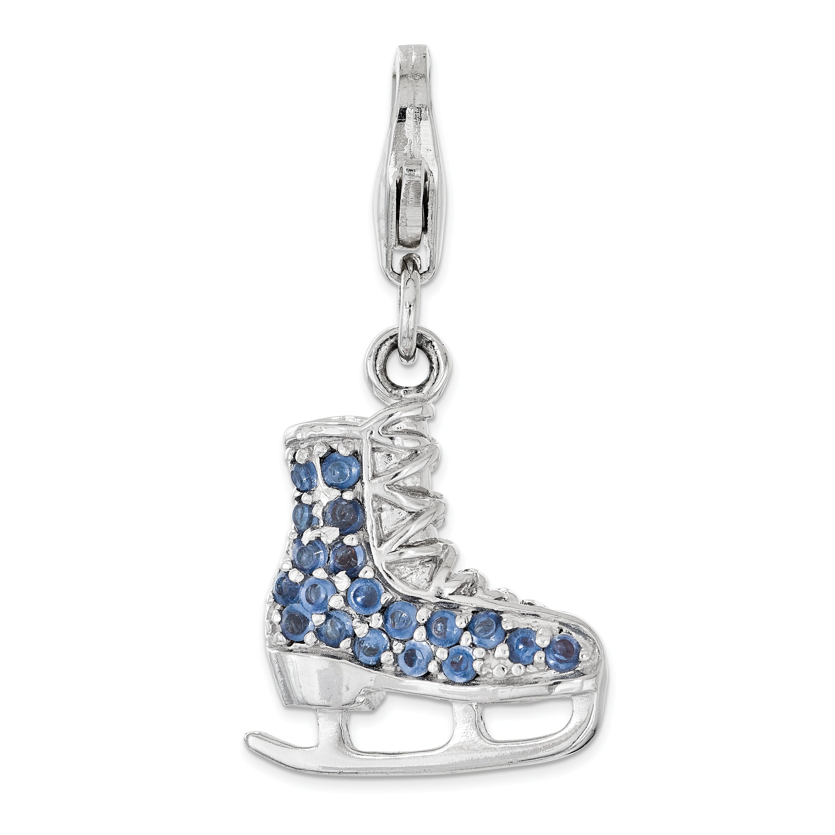 Sterling Silver Simulated Sapphire 3D Ice Skate w/ Lobster Clasp Charm