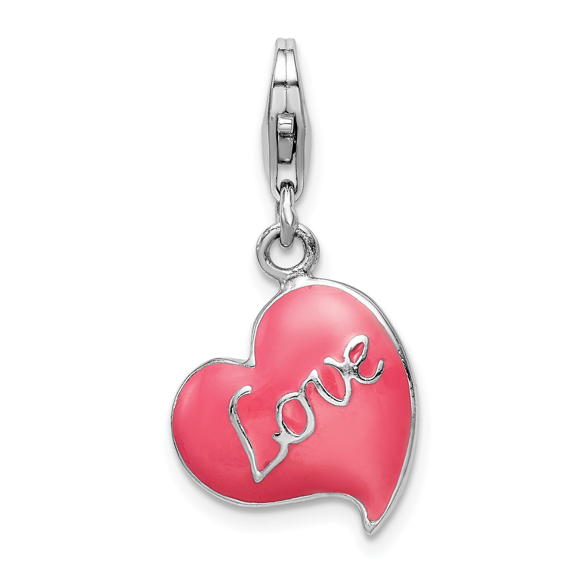 Amore La Vita Sterling Silver Rhodium-plated Polished 3-D Pink Enameled Love Heart Charm with Fancy Lobster Clasp Main image