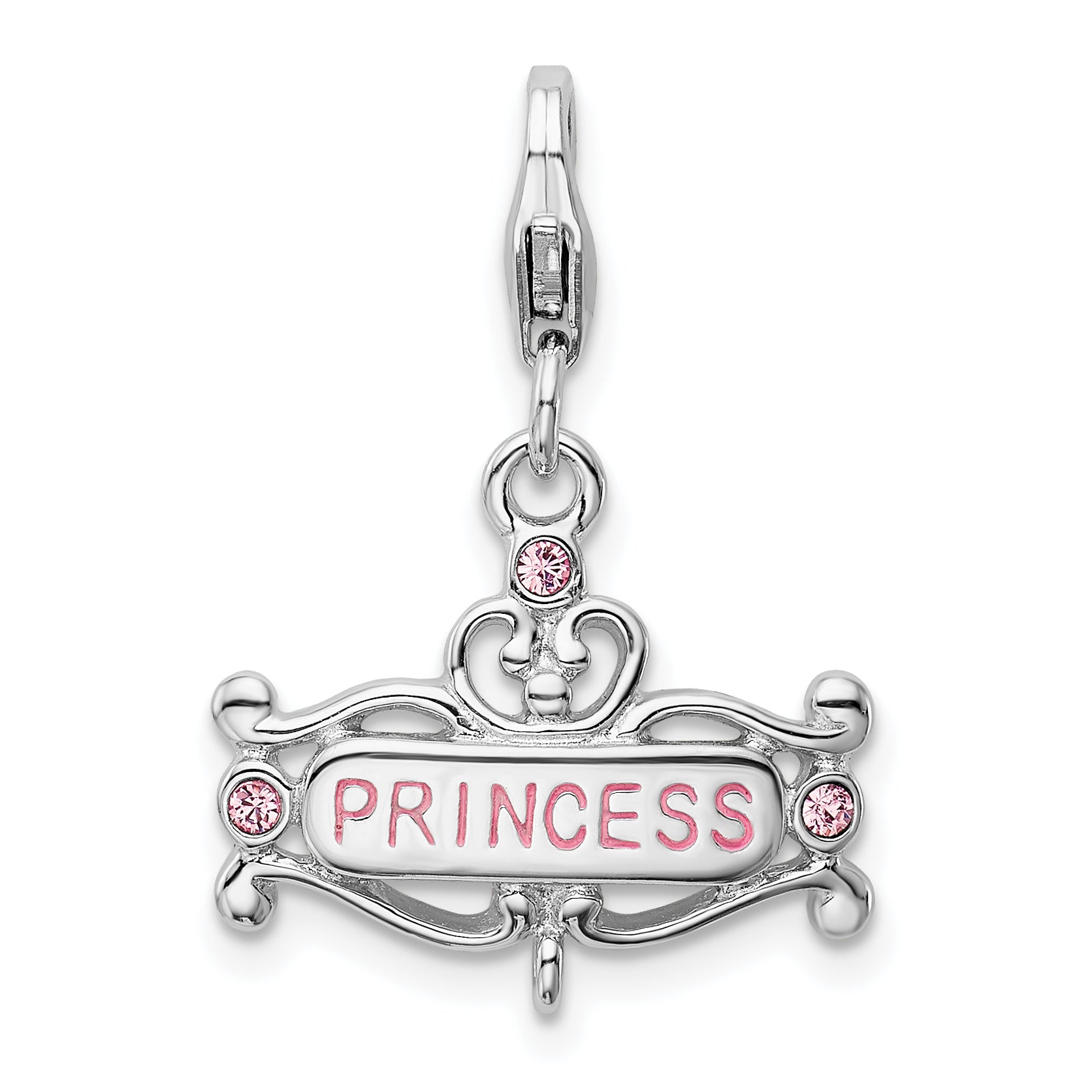 Amore La Vita Sterling Silver Rhodium-plated Polished Pink CZ Enameled PRINCESS Charm with Fancy Lobster Clasp Main image