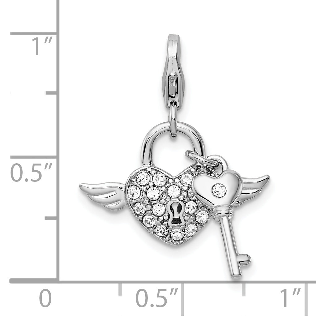 Amore La Vita Sterling Silver Rhodium-plated Polished Reversible Red Enameled Winged Heart and Key with Crystal From Crystal Charm with Fancy Lobster Clasp
