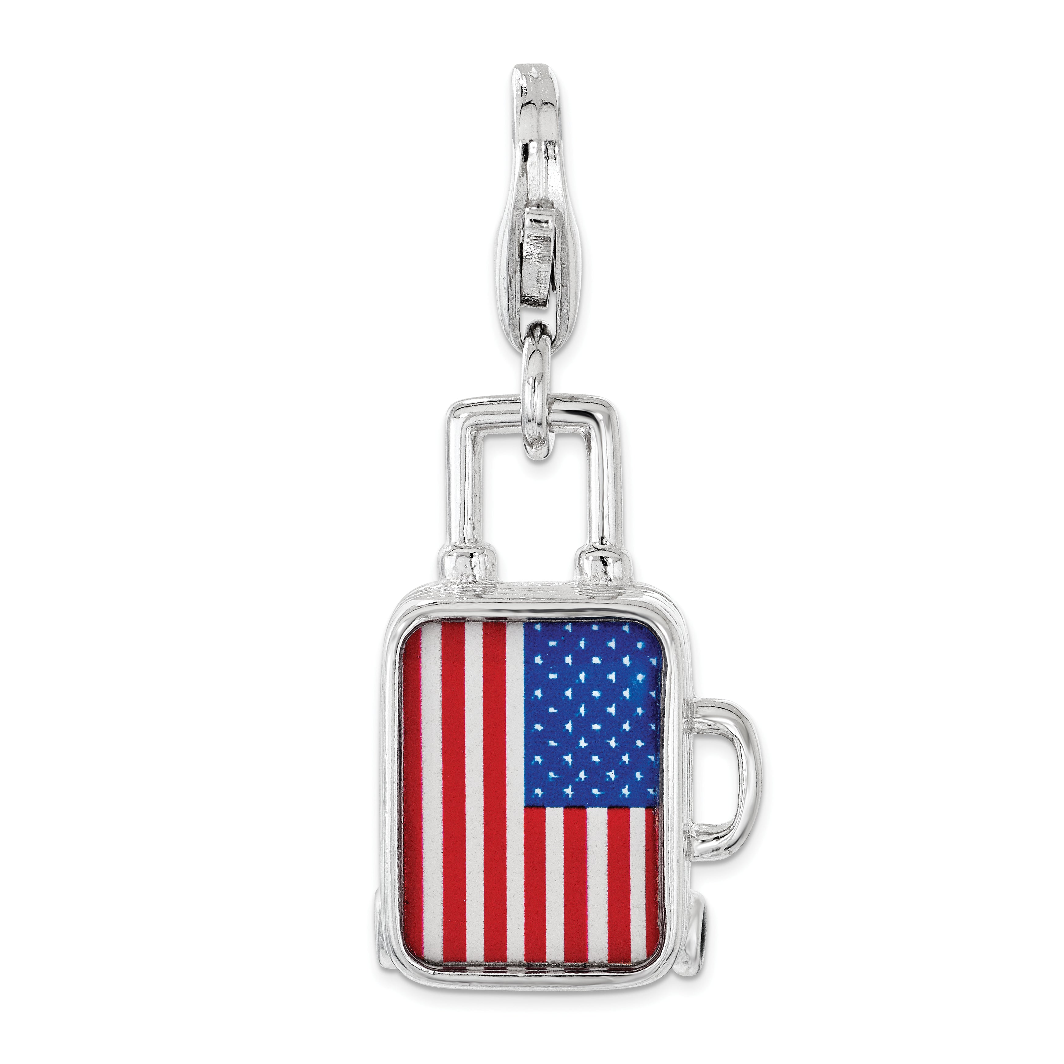 Sterling Silver Enameled American Flag Suitcase Lobster Clasp Charm