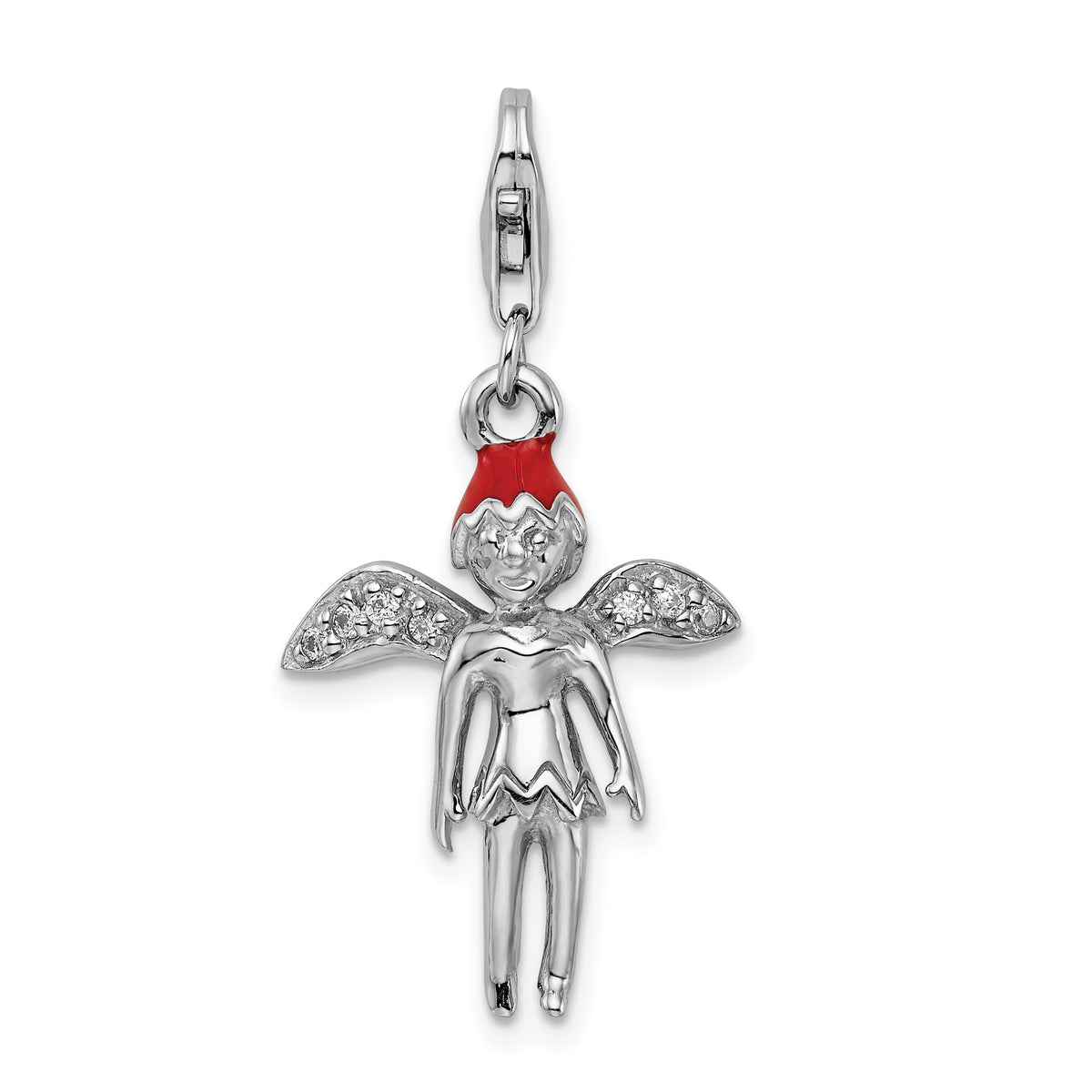 Amore La Vita Sterling Silver Rhodium-plated Polished 3-D Enameled with CZ Fairy Charm with Fancy Lobster Clasp