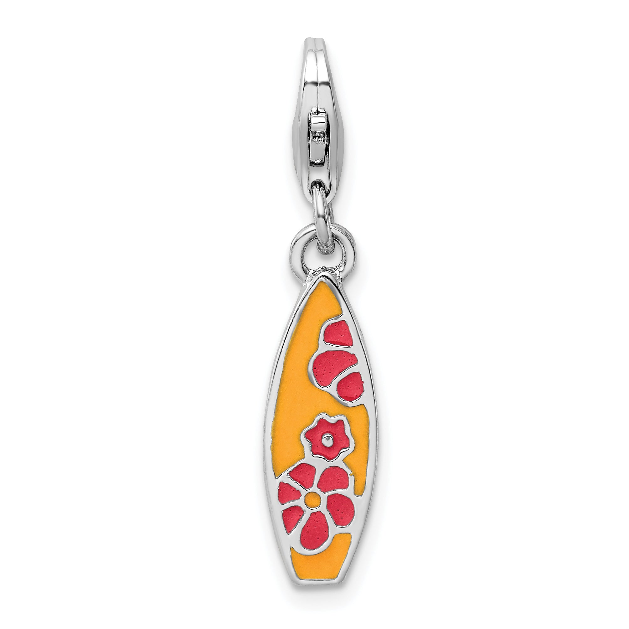 Amore La Vita Sterling Silver Rhodium-plated Polished Enameled Surf Board with Flowers Lobster Clasp Charm Main image