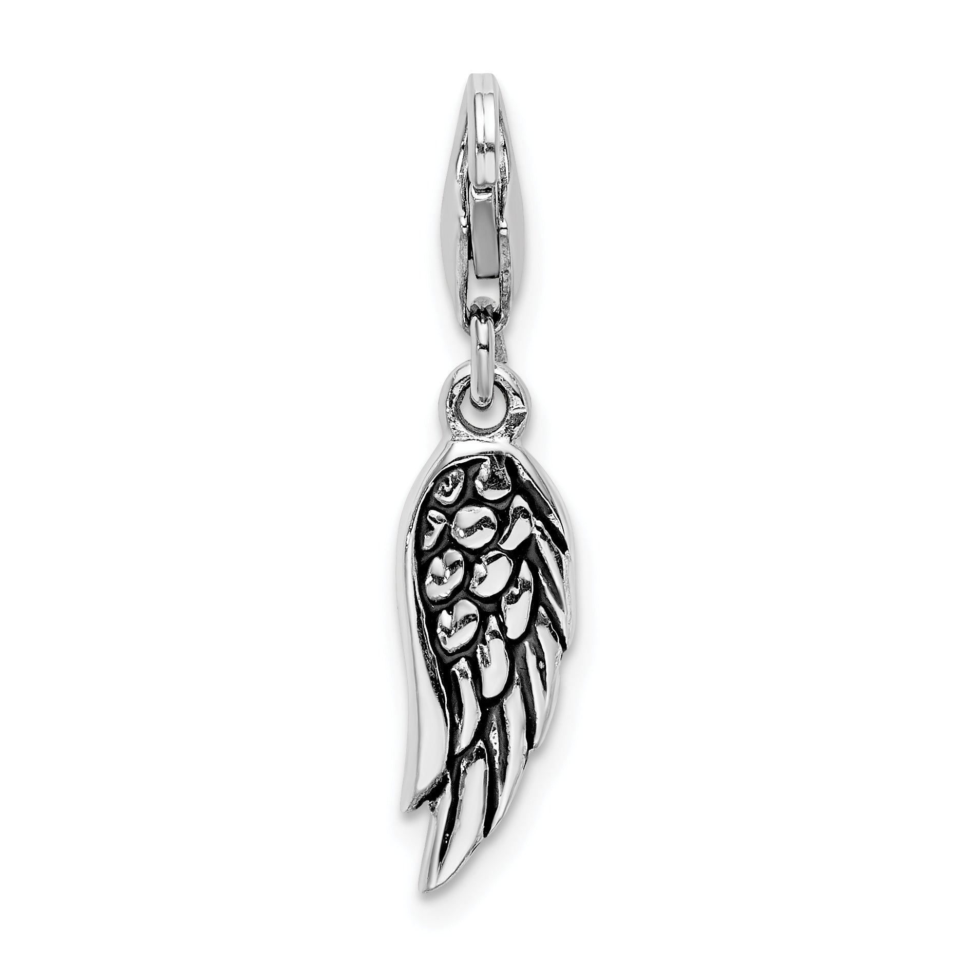 Amore La Vita Sterling Silver Rhodium-plated Polished 3-D Oxidized Wing Charm with Fancy Lobster Clasp Main image
