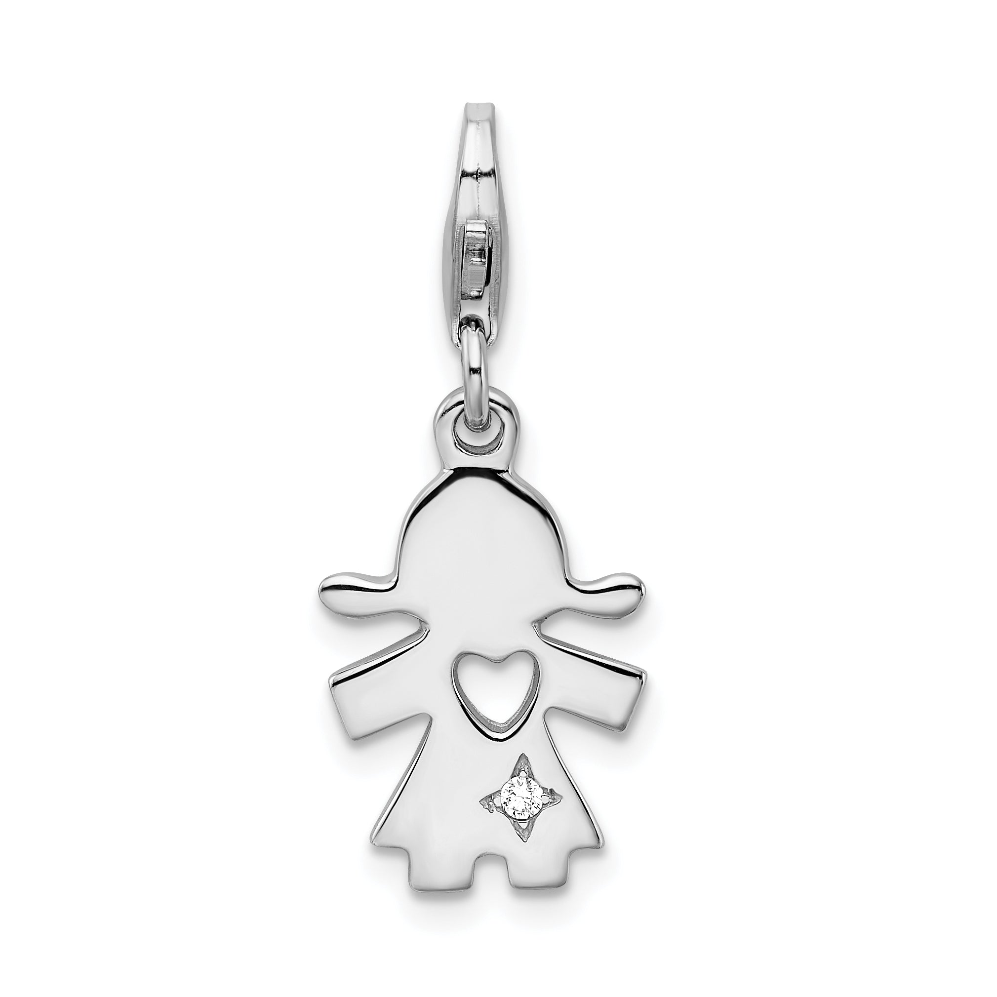 Amore La Vita Sterling Silver Rhodium-plated Polished CZ Little Girl with Cut-out Heart Charm with Fancy Lobster Clasp Main image