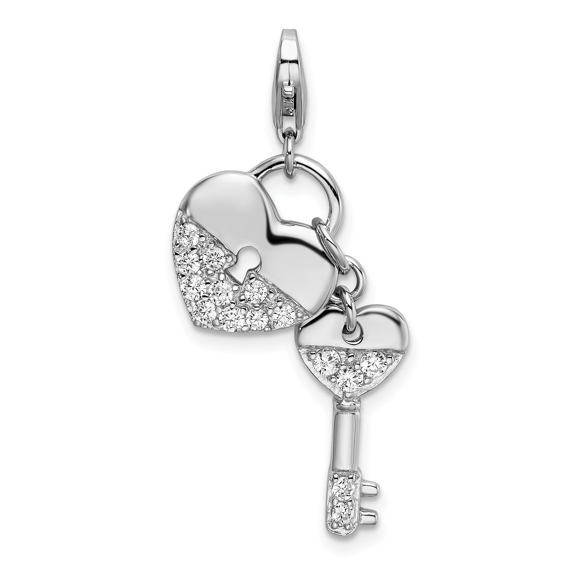 Amore La Vita Sterling Silver Rhodium-plated Polished CZ Heart and Key Charm with Fancy Lobster Clasp Main image