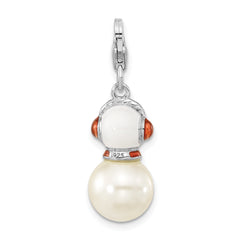 Amore La Vita Sterling Silver Rhodium-plated Polished 3-D Mother of Pearl and Enameled Snowman Charm with Fancy Lobster Clasp