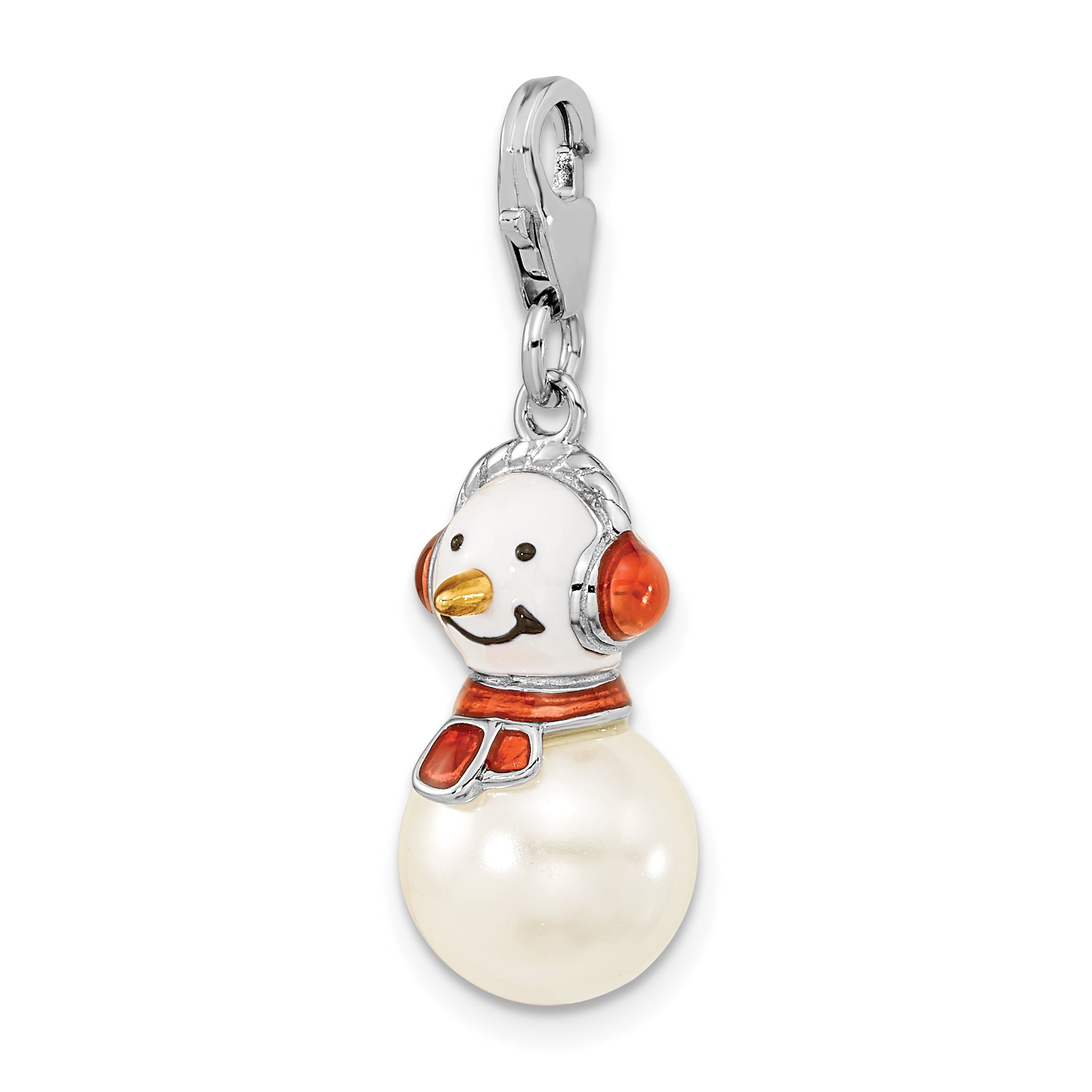 Amore La Vita Sterling Silver Rhodium-plated Polished 3-D Mother of Pearl and Enameled Snowman Charm with Fancy Lobster Clasp