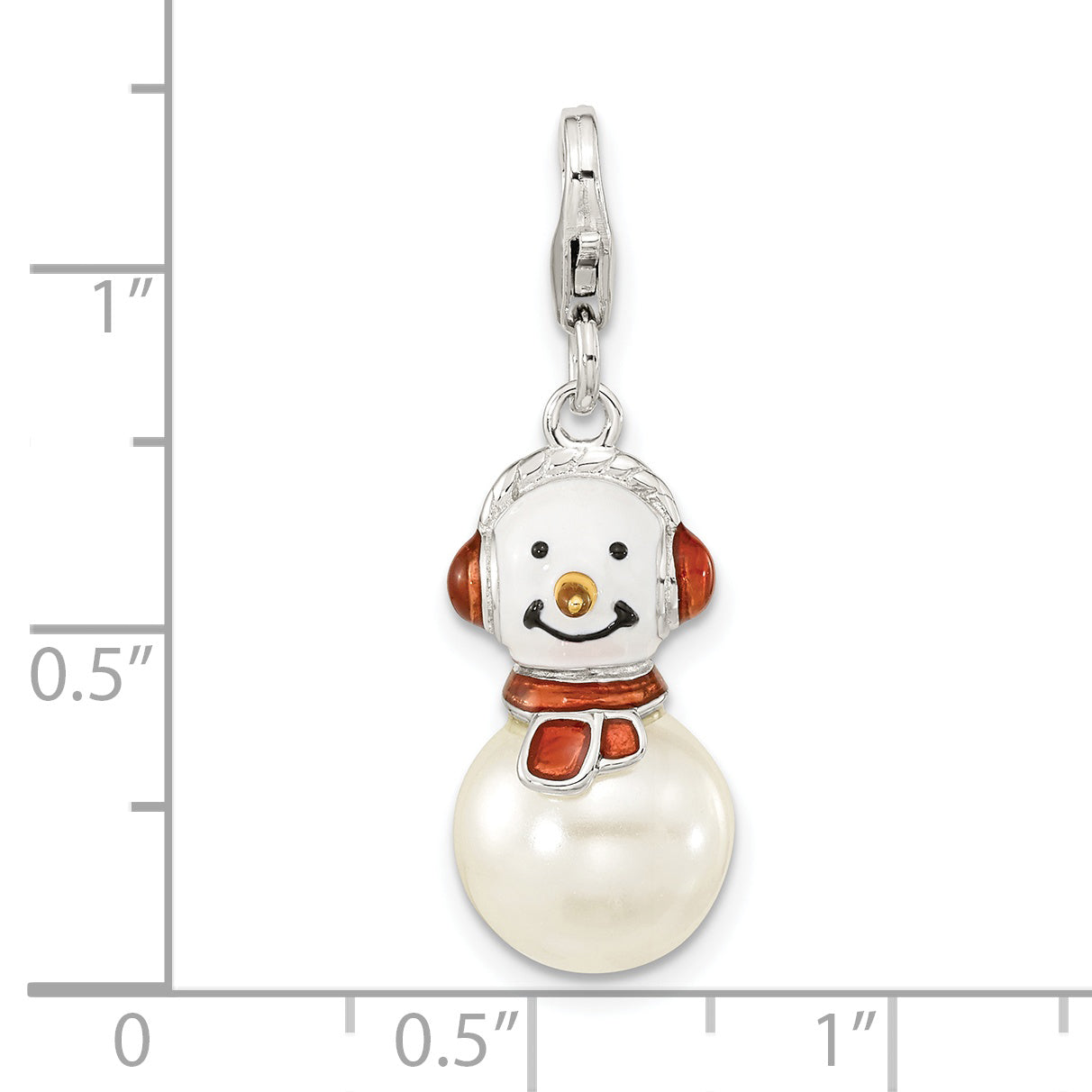 Amore La Vita Sterling Silver Rhodium-plated Polished 3-D Mother of Pearl and Enameled Snowman Charm with Fancy Lobster Clasp