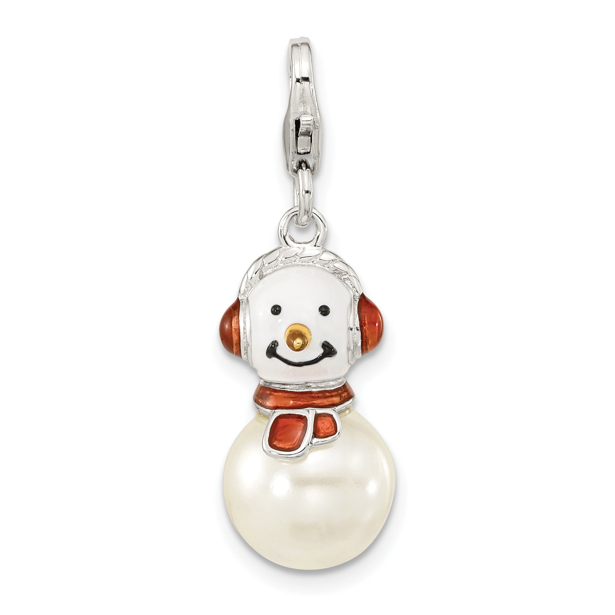 Amore La Vita Sterling Silver Rhodium-plated Polished 3-D Mother of Pearl and Enameled Snowman Charm with Fancy Lobster Clasp