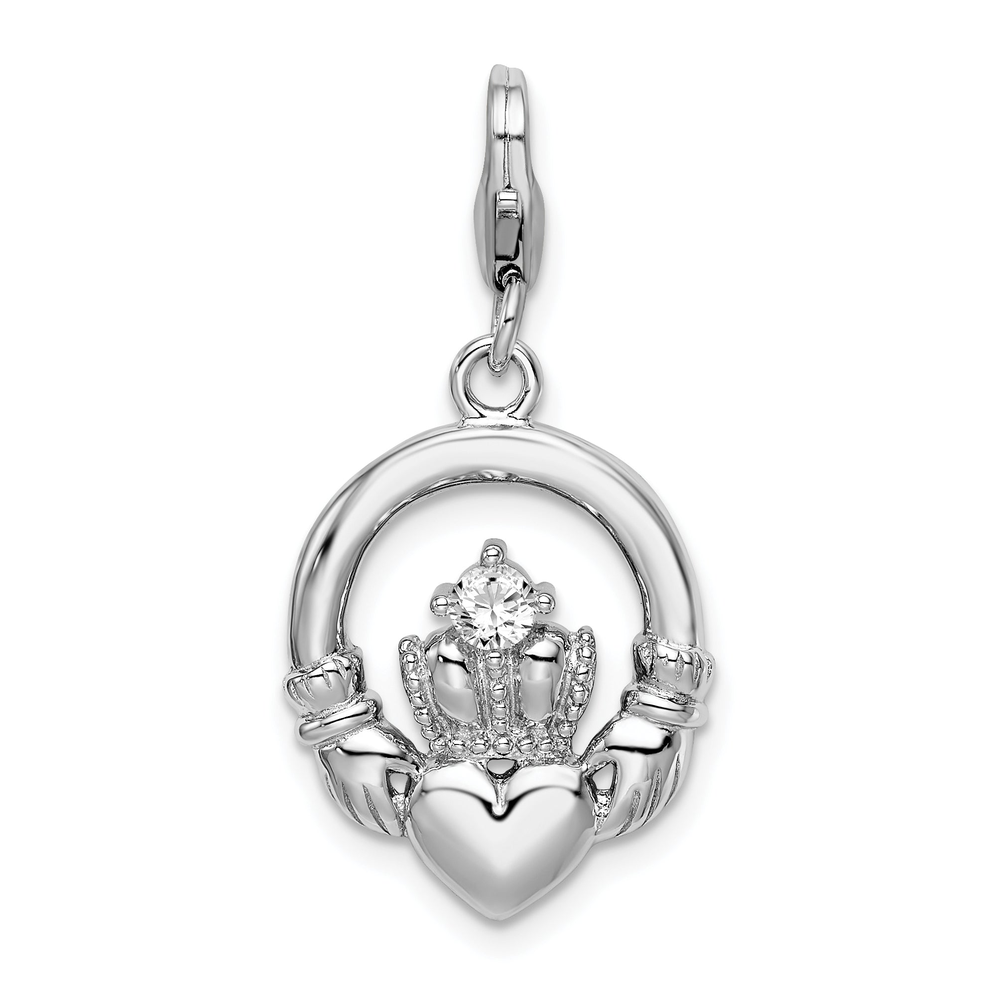 Amore La Vita Sterling Silver Rhodium-plated Polished Clear CZ Claddagh Charm with Fancy Lobster Clasp Main image