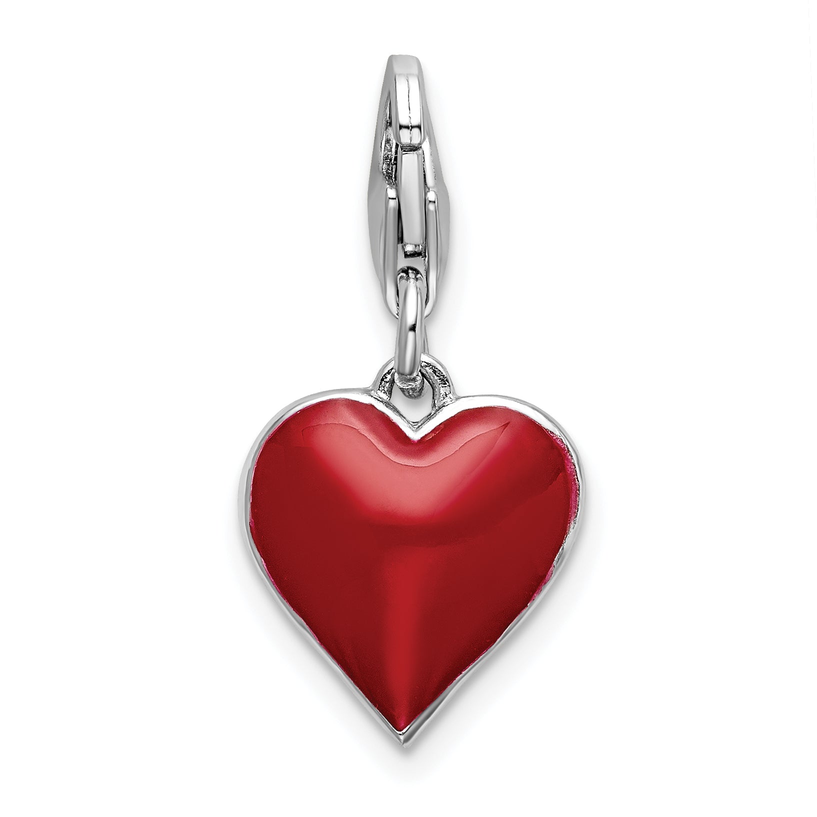 Amore La Vita Sterling Silver Rhodium-plated Polished 3-D CZ and Red Enameled Reversible Heart Charm with Fancy Lobster Clasp
