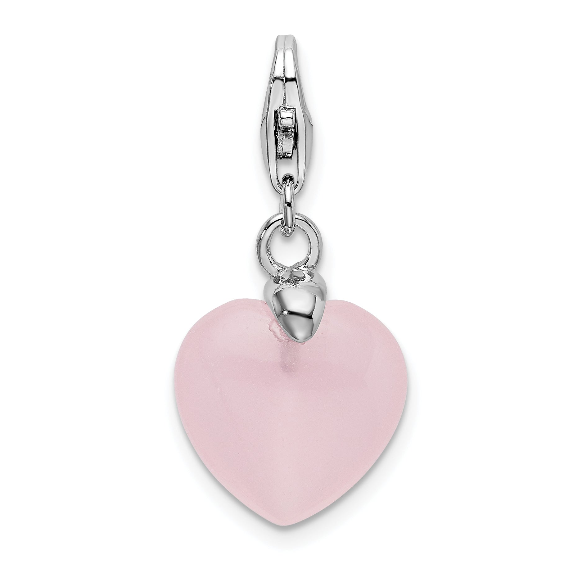Amore La Vita Sterling Silver Rhodium-plated Polished 3-D Rose Quartz Heart Charm with Fancy Lobster Clasp Main image