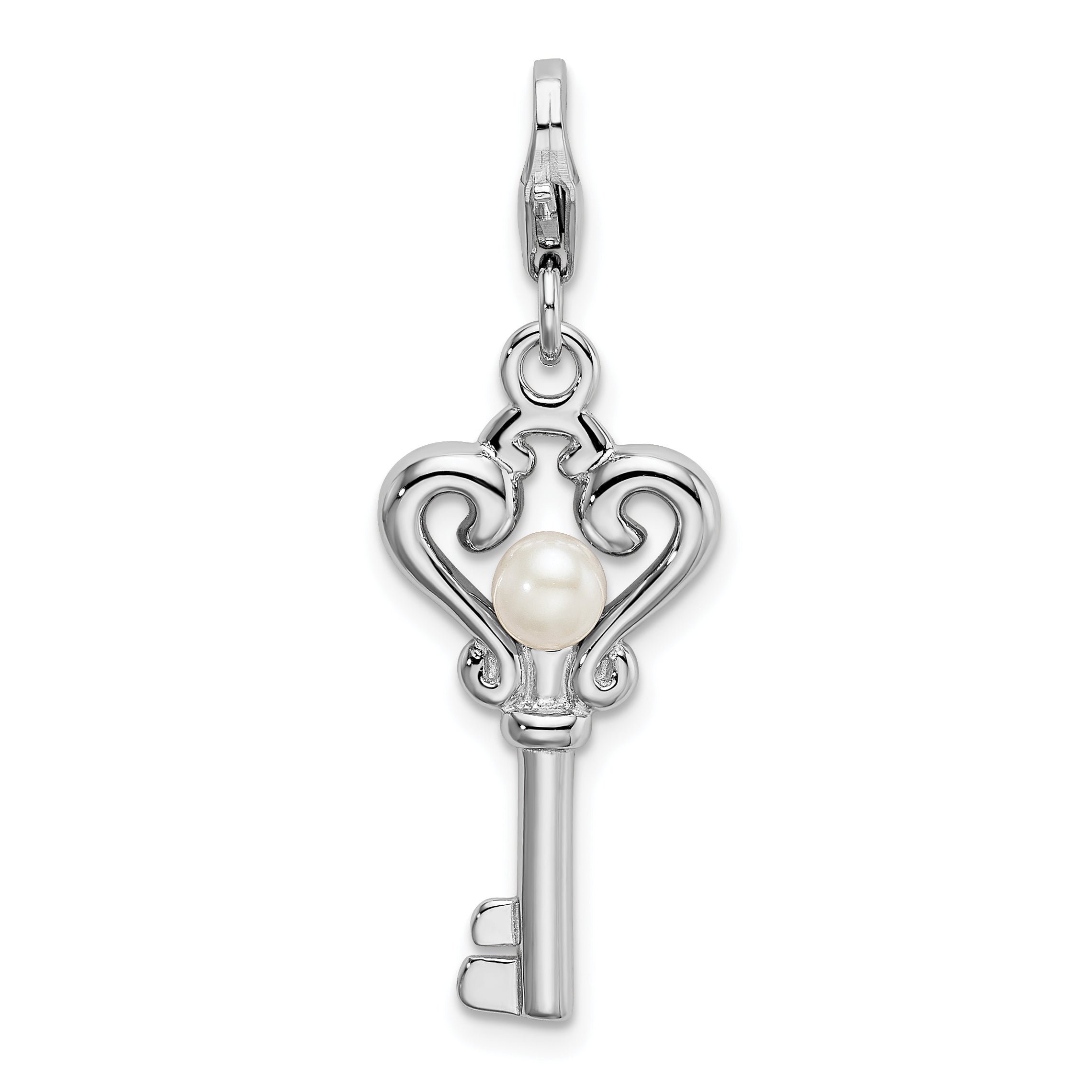 Amore La Vita Sterling Silver Rhodium-plated Polished Freshwater Cultured Pearl Key Charm with Fancy Lobster Clasp Main image