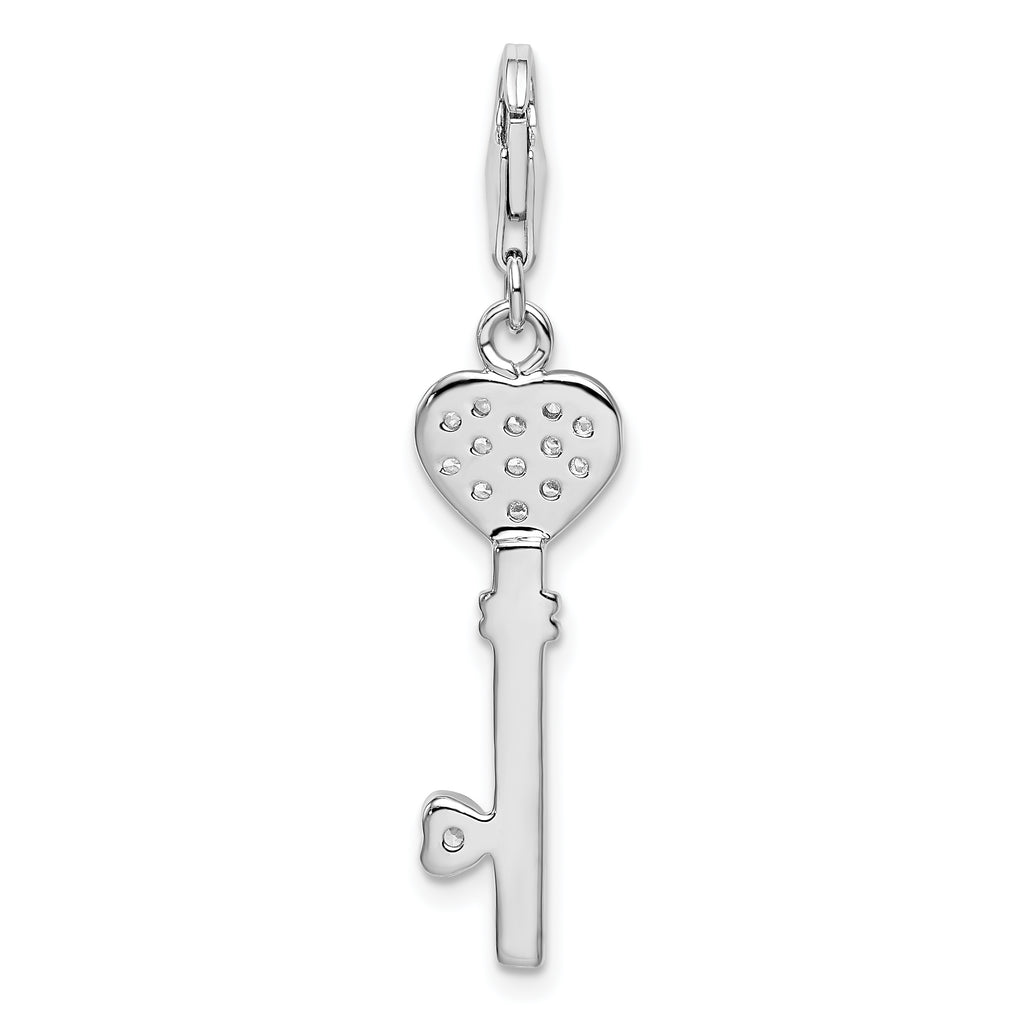 Sterling Silver CZ Heart Key Charm with Rhodium Elegance