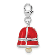 Sterling Silver FW Cultured Pearl Red Enamel Bell w/Lobster Clasp Charm