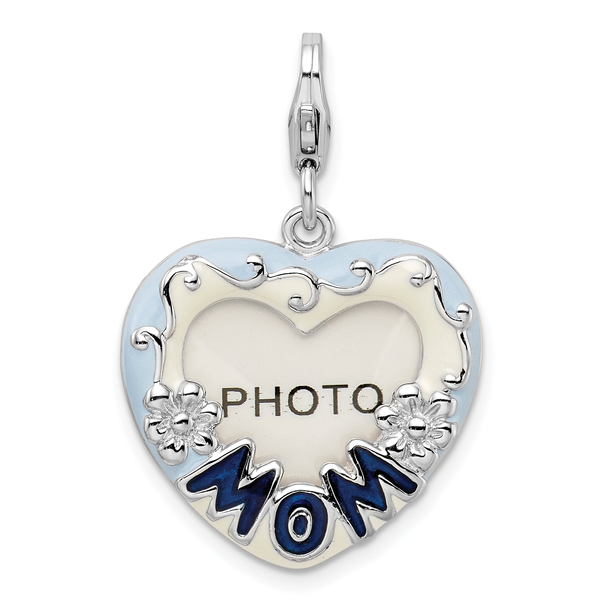 Amore La Vita Sterling Silver Rhodium-plated Polished Blue Enameled MOM Photo Charm with Fancy Lobster Clasp Main image