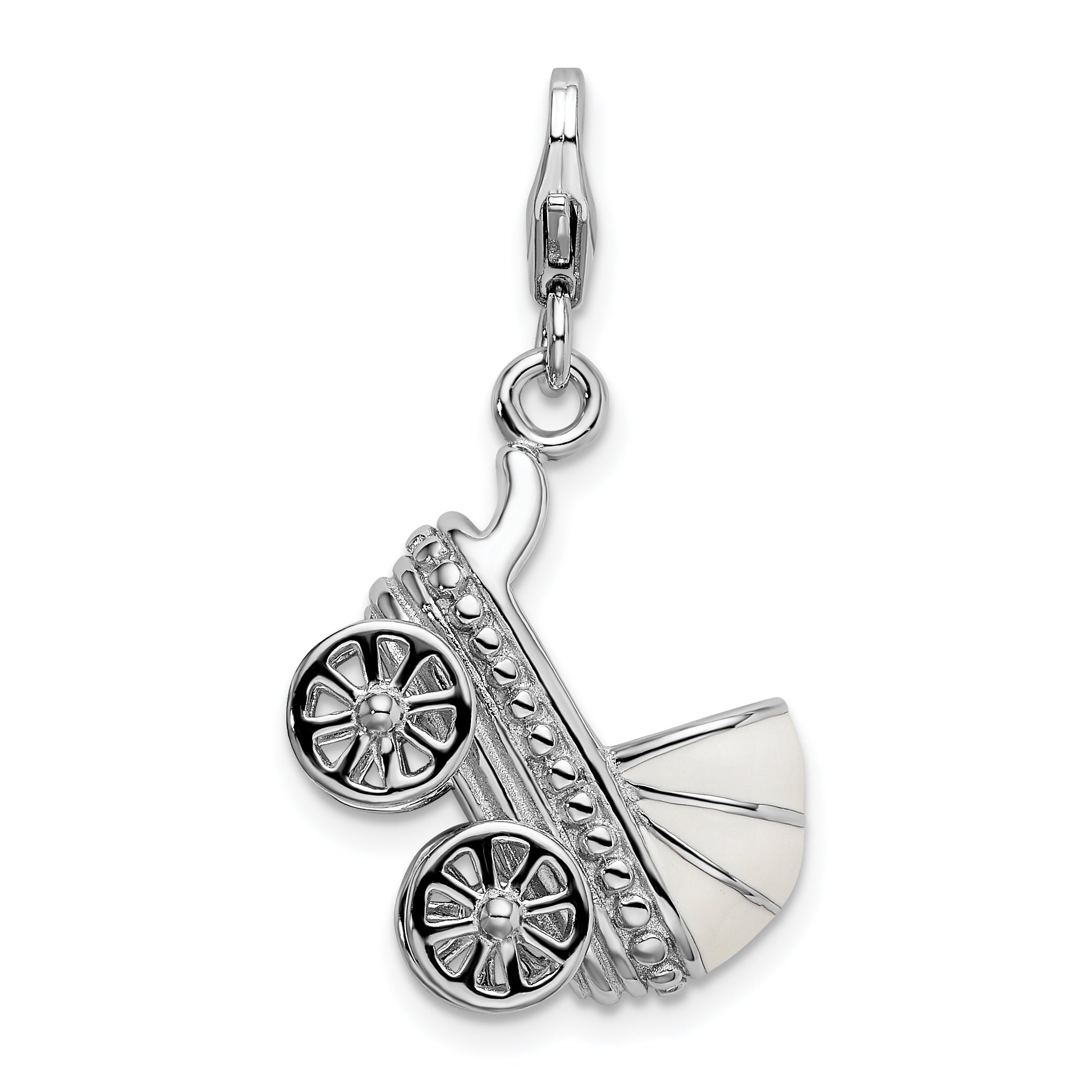 Amore La Vita Sterling Silver Rhodium-plated Polished 3-D Enameled Baby Carriage Charm with Fancy Lobster Clasp Main image