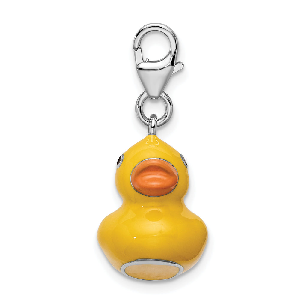 Amore La Vita Sterling Silver Rhodium-plated Polished 3-D Enameled Duck Charm with Fancy Lobster Clasp