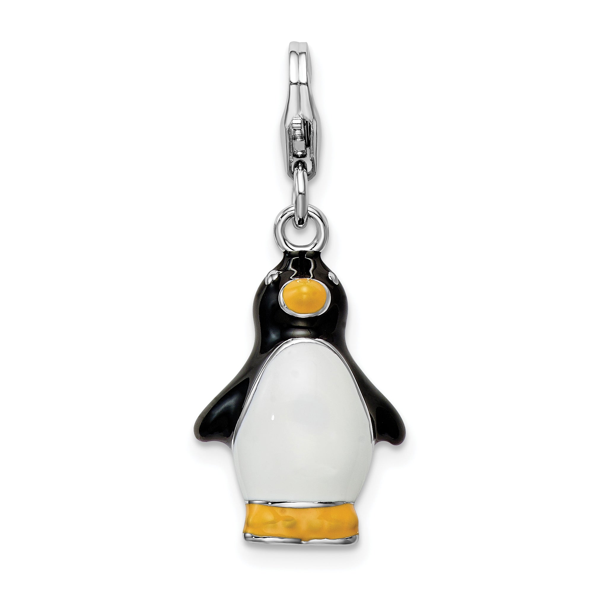 Amore La Vita Sterling Silver Rhodium-plated Polished 3-D Enameled Penguin Charm with Fancy Lobster Clasp Main image