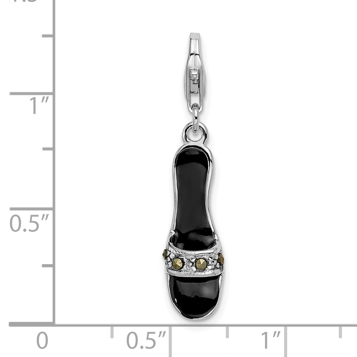Amore La Vita Sterling Silver Rhodium-plated Polished 3-D Black Enameled and Marcasite Shoe Charm with Fancy Lobster Clasp