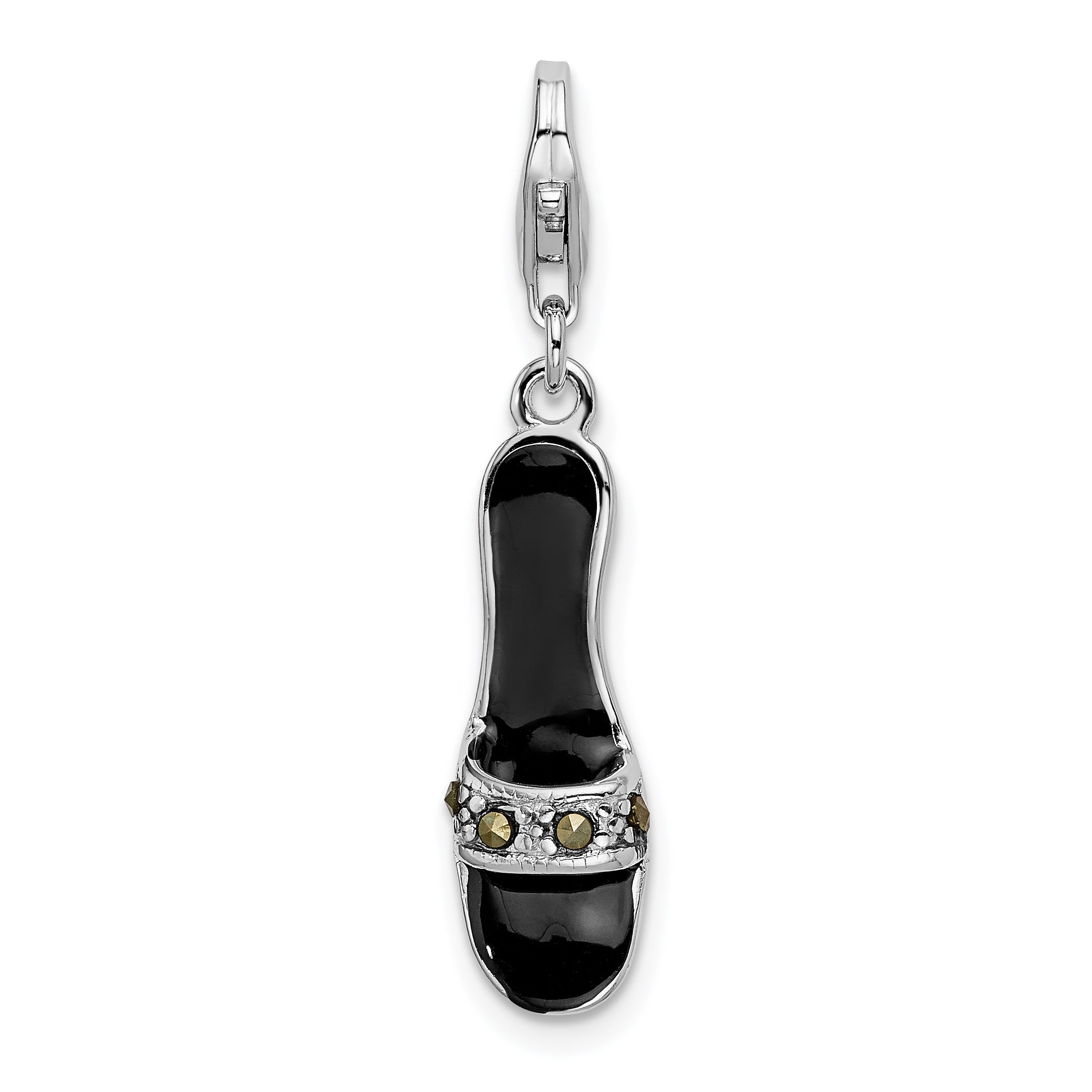 Amore La Vita Sterling Silver Rhodium-plated Polished 3-D Black Enameled and Marcasite Shoe Charm with Fancy Lobster Clasp