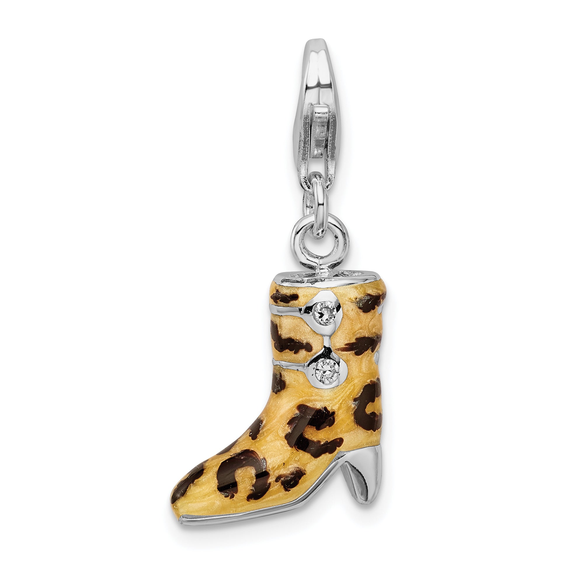 Amore La Vita Sterling Silver Rhodium-plated Polished 3-D CZ Enameled Leopard Print Boot Charm with Fancy Lobster Clasp Main image