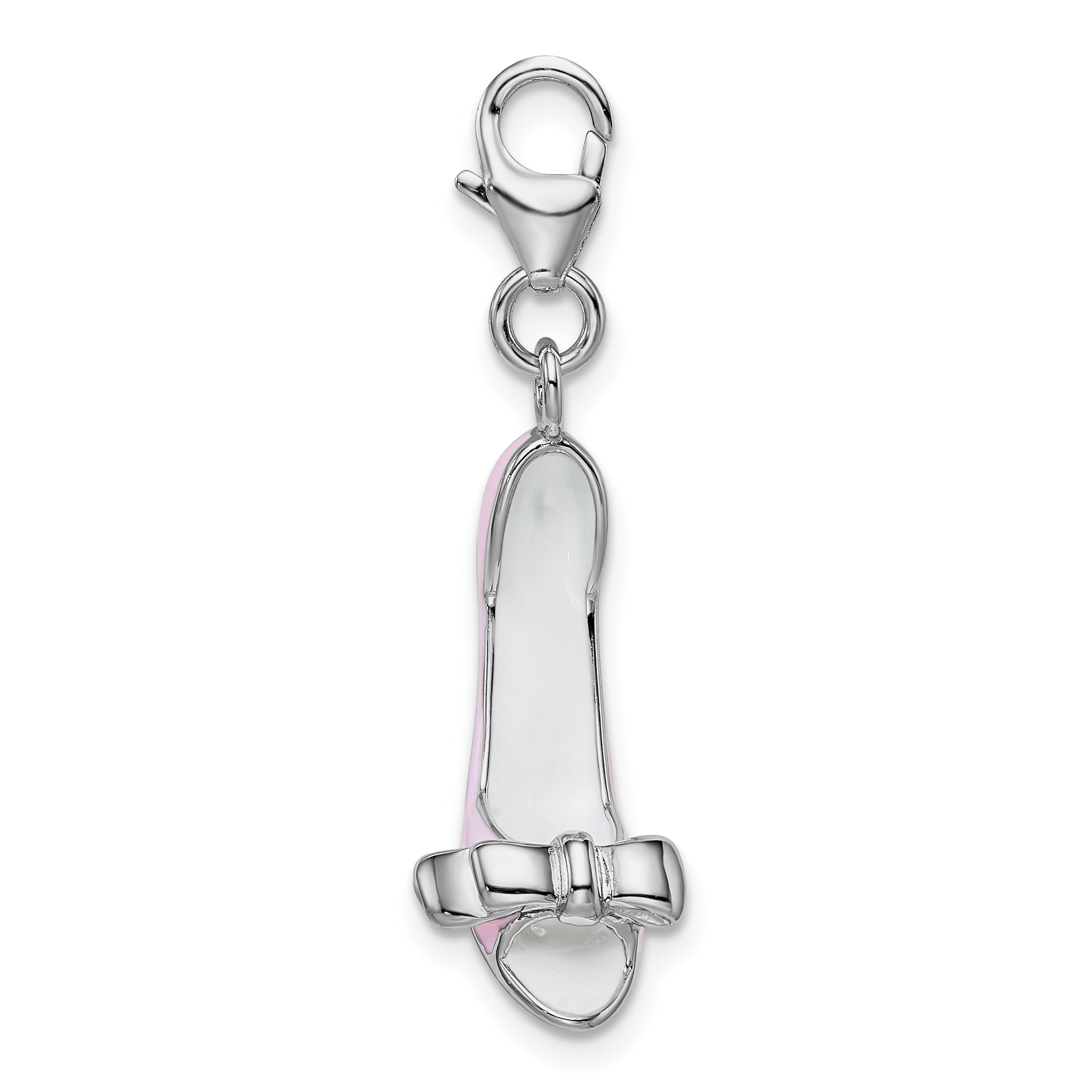 Amore La Vita Sterling Silver Rhodium-plated Polished 3-D Pink Enameled Bow-top High Heel Charm with Fancy Lobster Clasp Secondary image