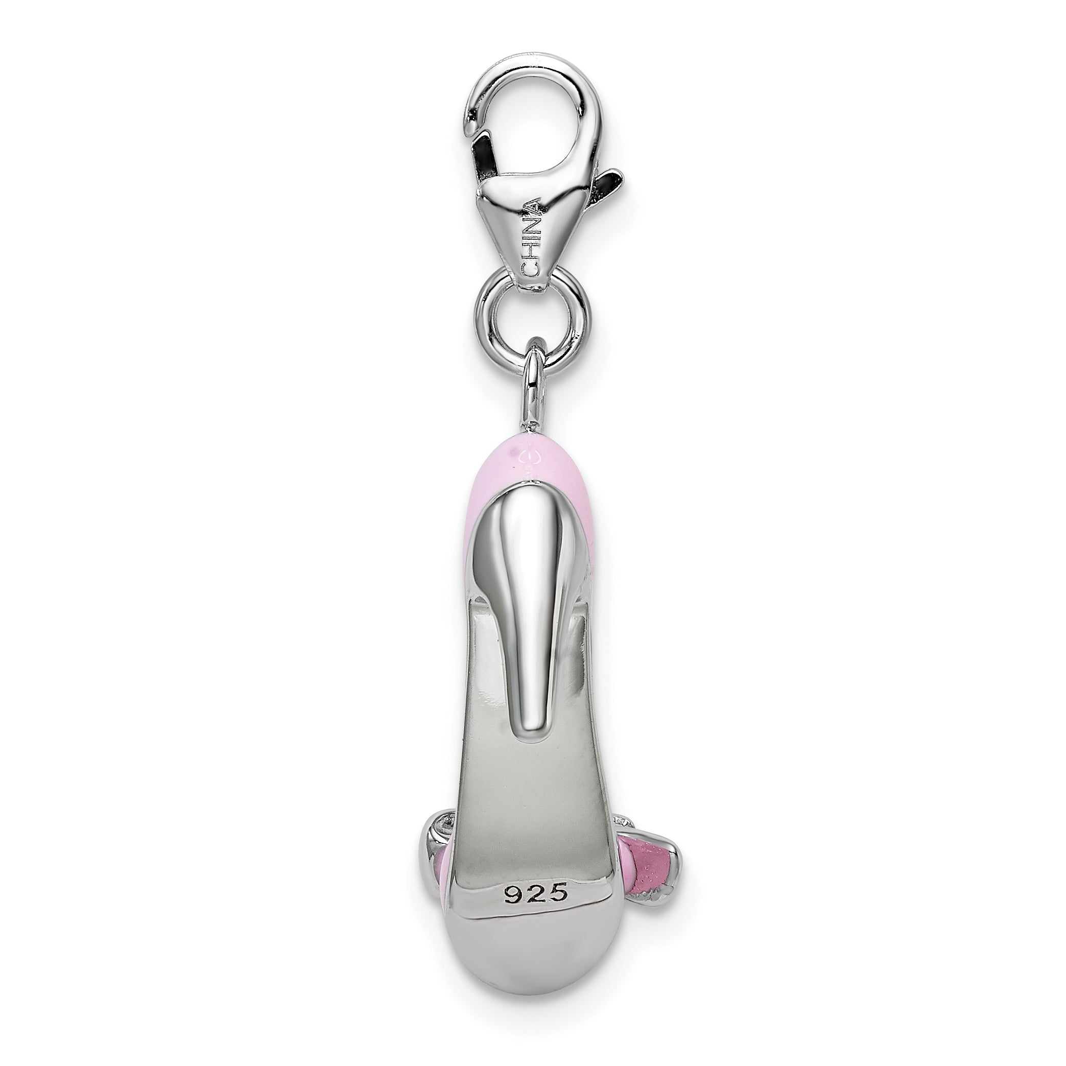 Amore La Vita Sterling Silver Rhodium-plated Polished 3-D Pink Enameled Bow-top High Heel Charm with Fancy Lobster Clasp