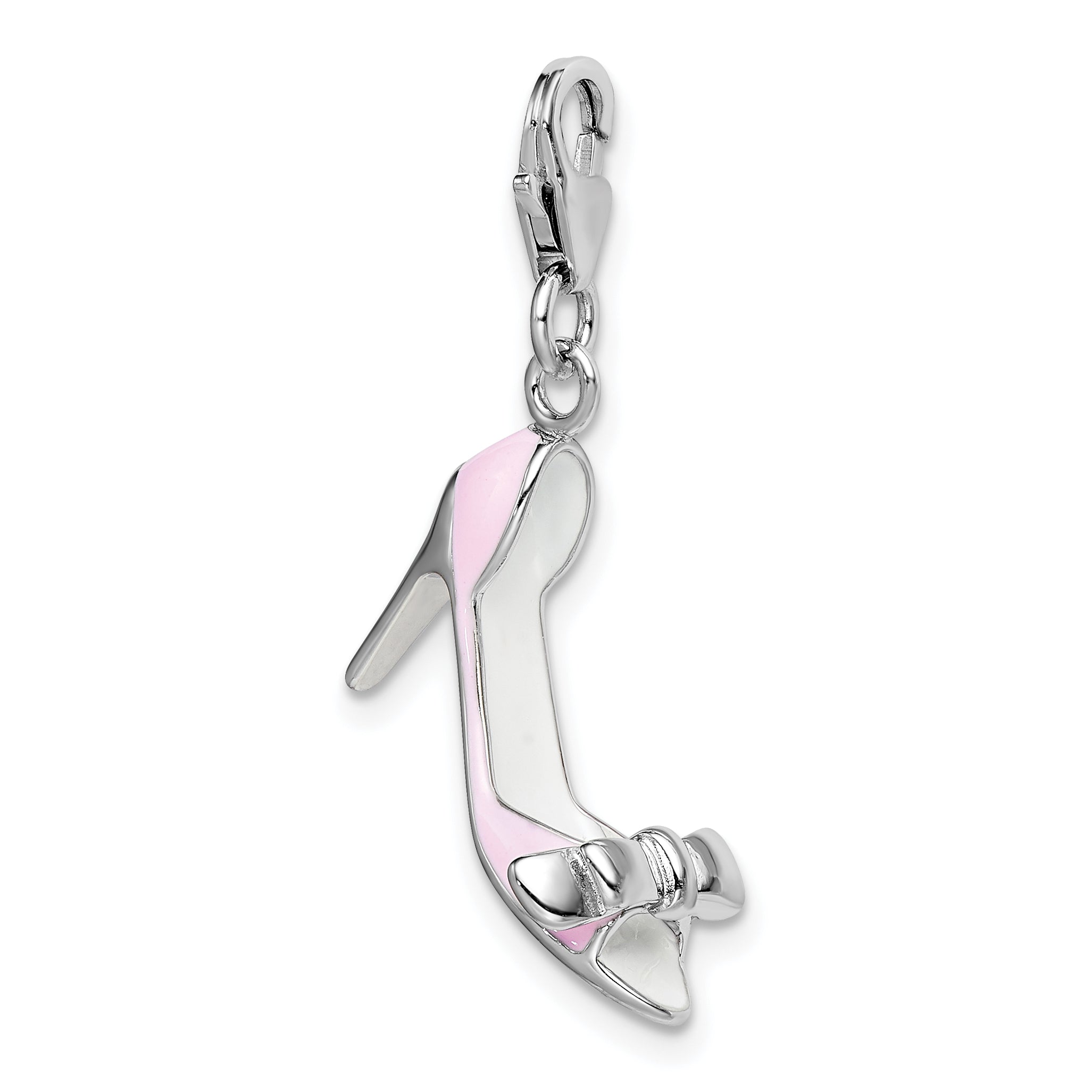 Amore La Vita Sterling Silver Rhodium-plated Polished 3-D Pink Enameled Bow-top High Heel Charm with Fancy Lobster Clasp
