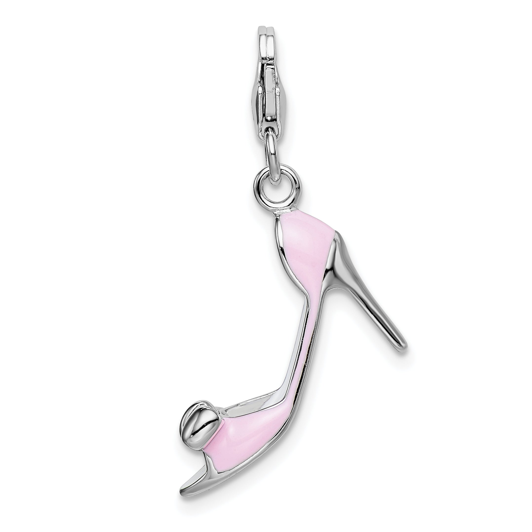 Amore La Vita Sterling Silver Rhodium-plated Polished 3-D Pink Enameled Bow-top High Heel Charm with Fancy Lobster Clasp Main image