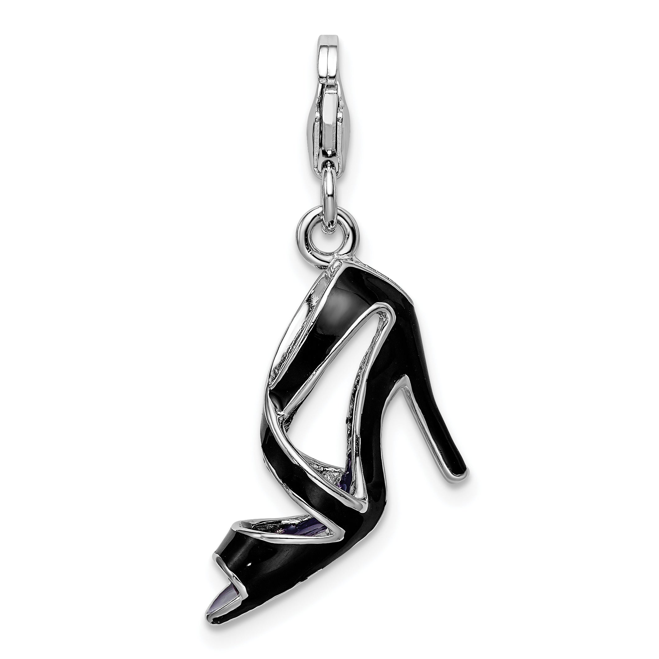 Amore La Vita Sterling Silver Rhodium-plated Polished 3-D Enameled Black High Heel Charm with Fancy Lobster Clasp Main image