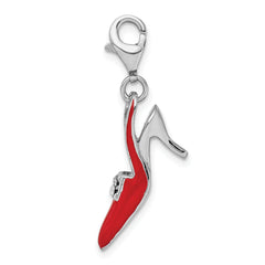 Amore La Vita Sterling Silver Rhodium-plated Polished 3-D Red Enameled CZ High Heel Shoe Charm with Fancy Lobster Clasp