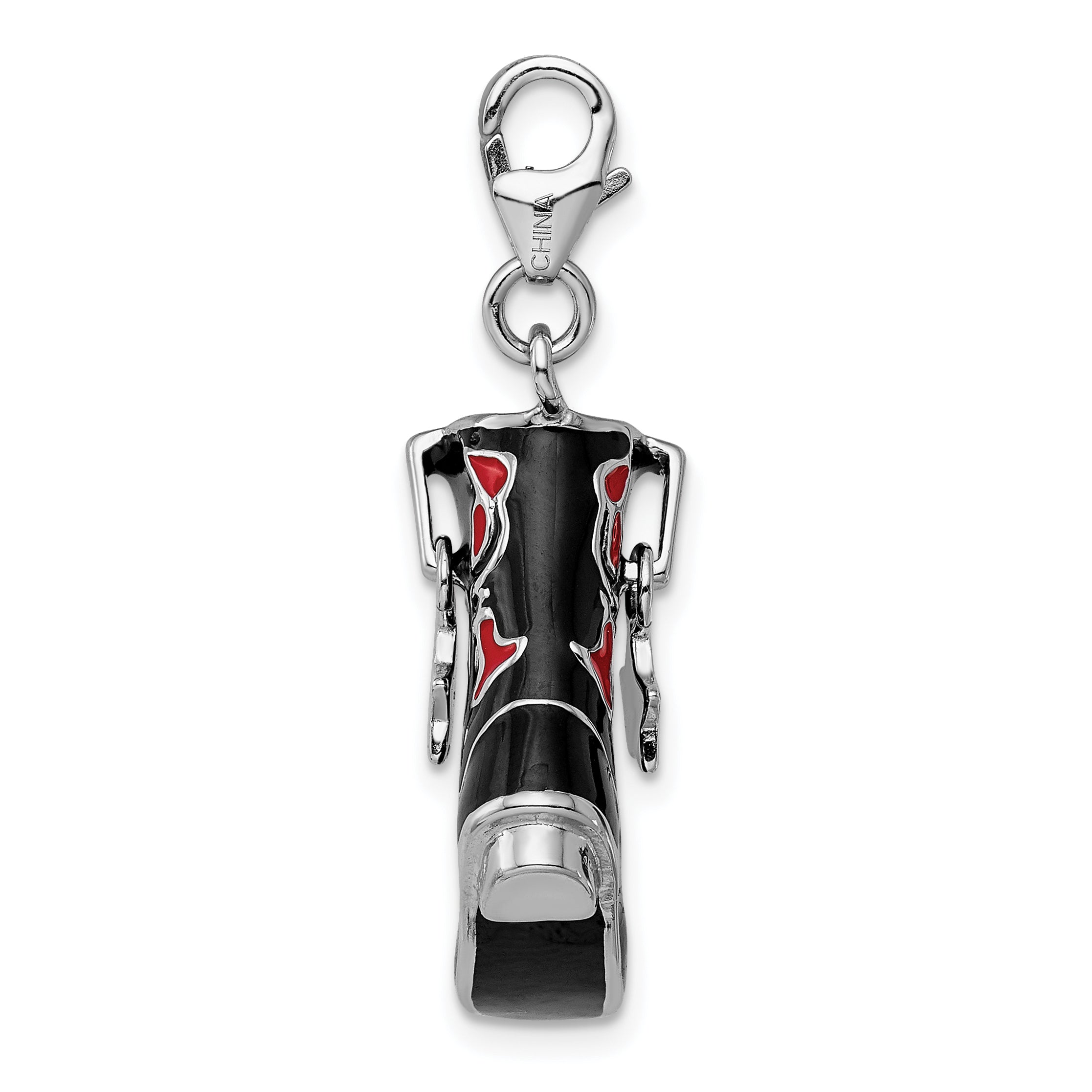 Amore La Vita Sterling Silver Rhodium-plated Polished 3-D Black Red Enameled Cowboy Boot Charm with Fancy Lobster Clasp Secondary image