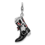 Amore La Vita Sterling Silver Rhodium-plated Polished 3-D Black Red Enameled Cowboy Boot Charm with Fancy Lobster Clasp