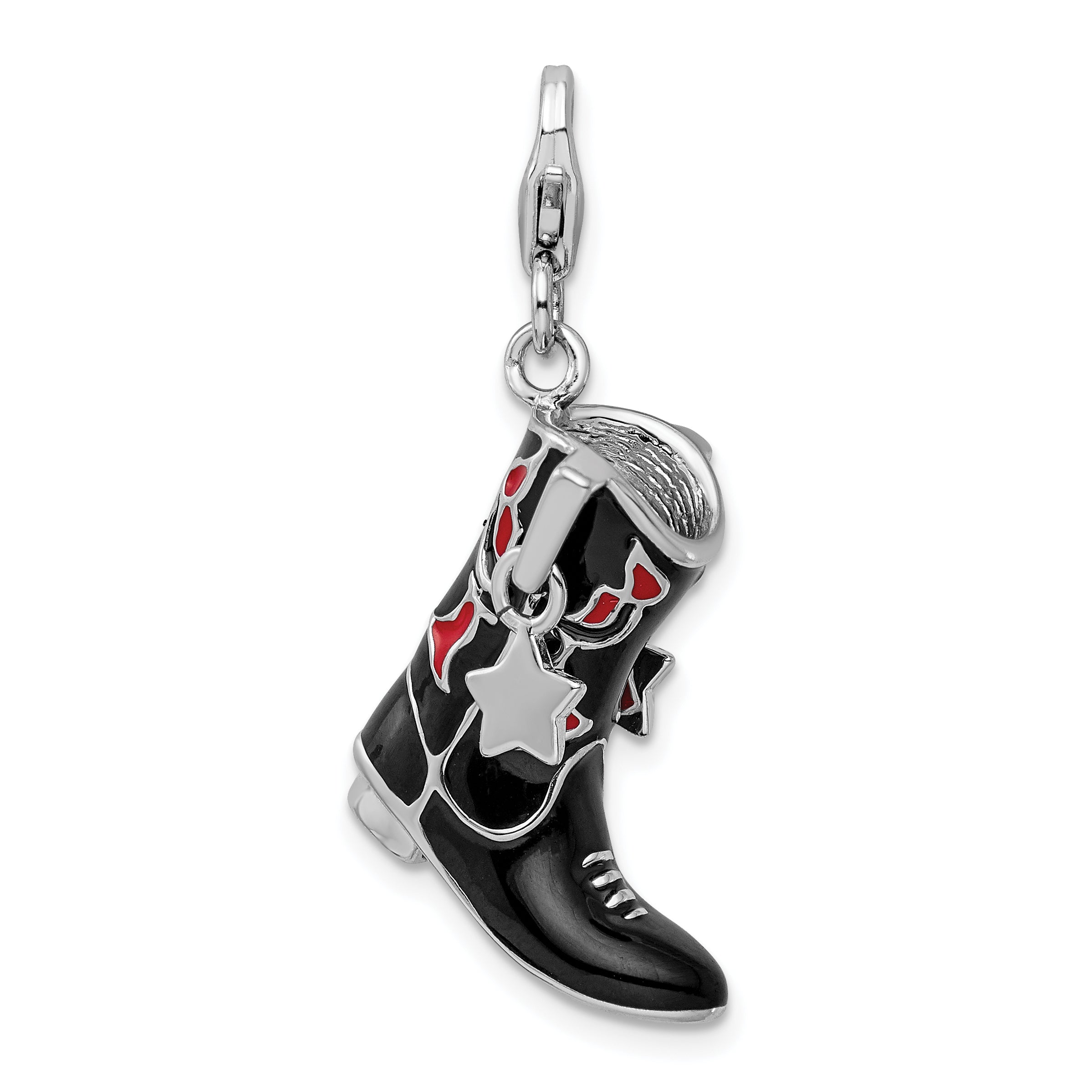Amore La Vita Sterling Silver Rhodium-plated Polished 3-D Black Red Enameled Cowboy Boot Charm with Fancy Lobster Clasp Main image
